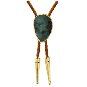 Emerald Green Gold Trim Bolo Tie with Brown Braided Vegan Leather Cord
